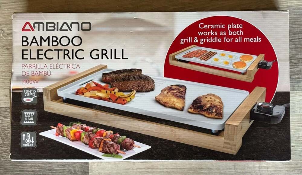 Ambiano Bamboo Electric Grill Non Stick Ceramic Grill Plate 1400W New in Box